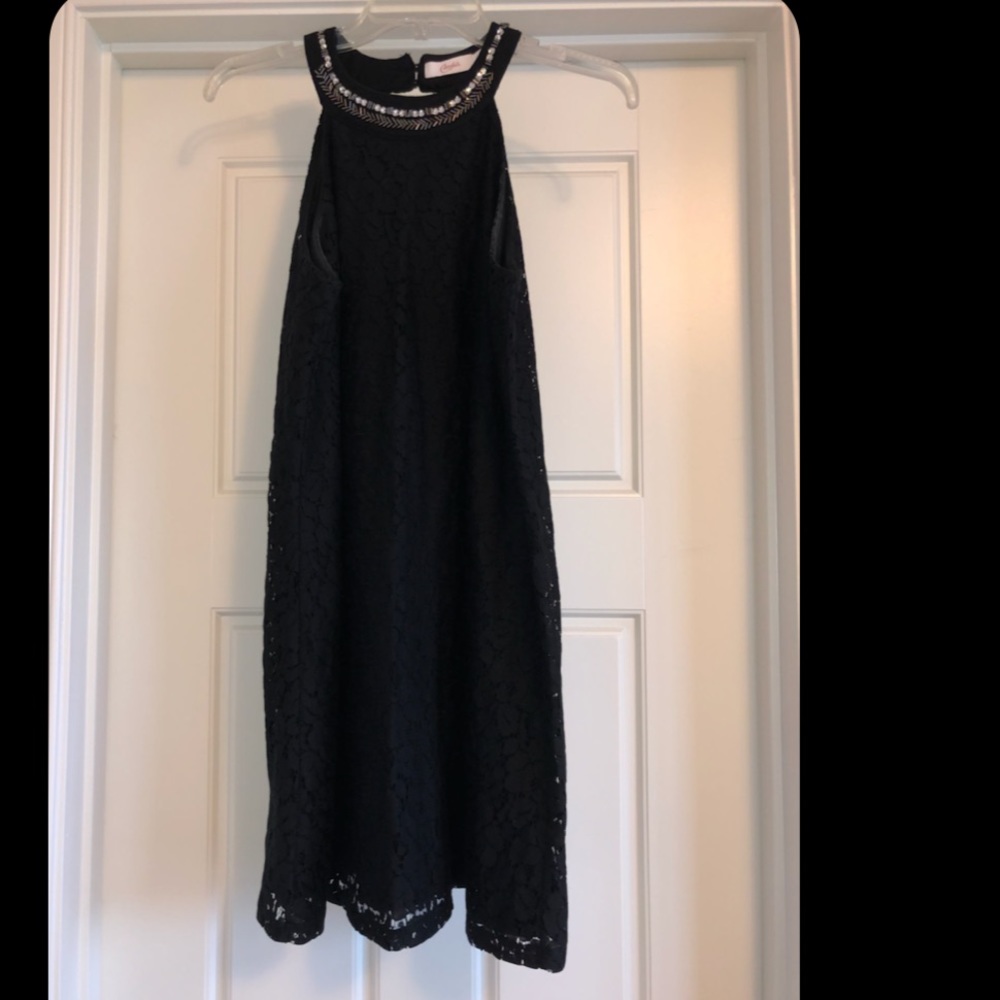 Black dress, jeweled neckline with lace overlay